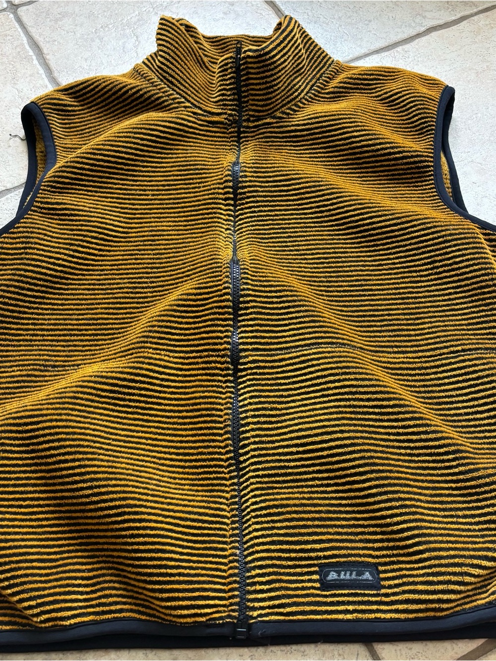 Vintage Bula Men's Large Yellow Black Striped Zip Vest Fleece Pockets Hiking